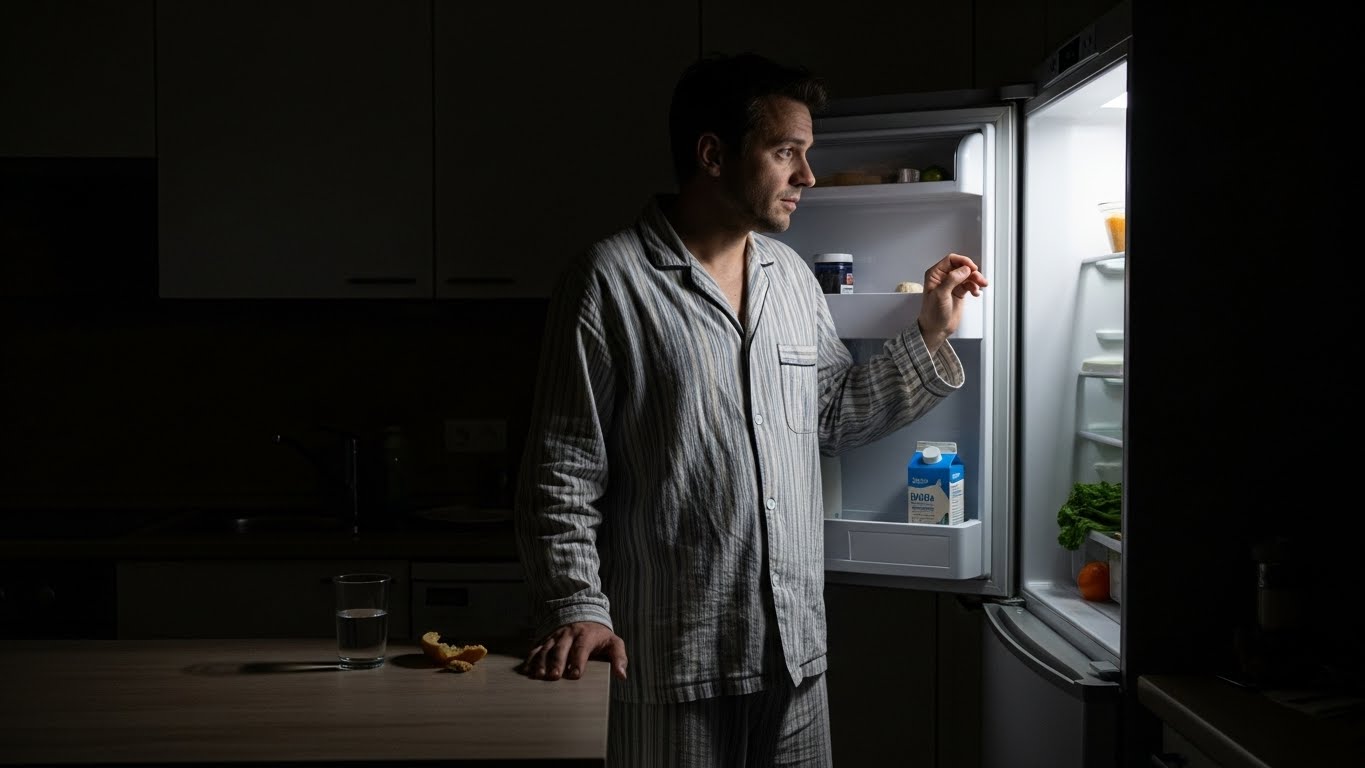 Мужчина ночью стоит перед открытым холодильником, задумчиво глядя на его содержимое, кухня освещена только внутренним светом прибора