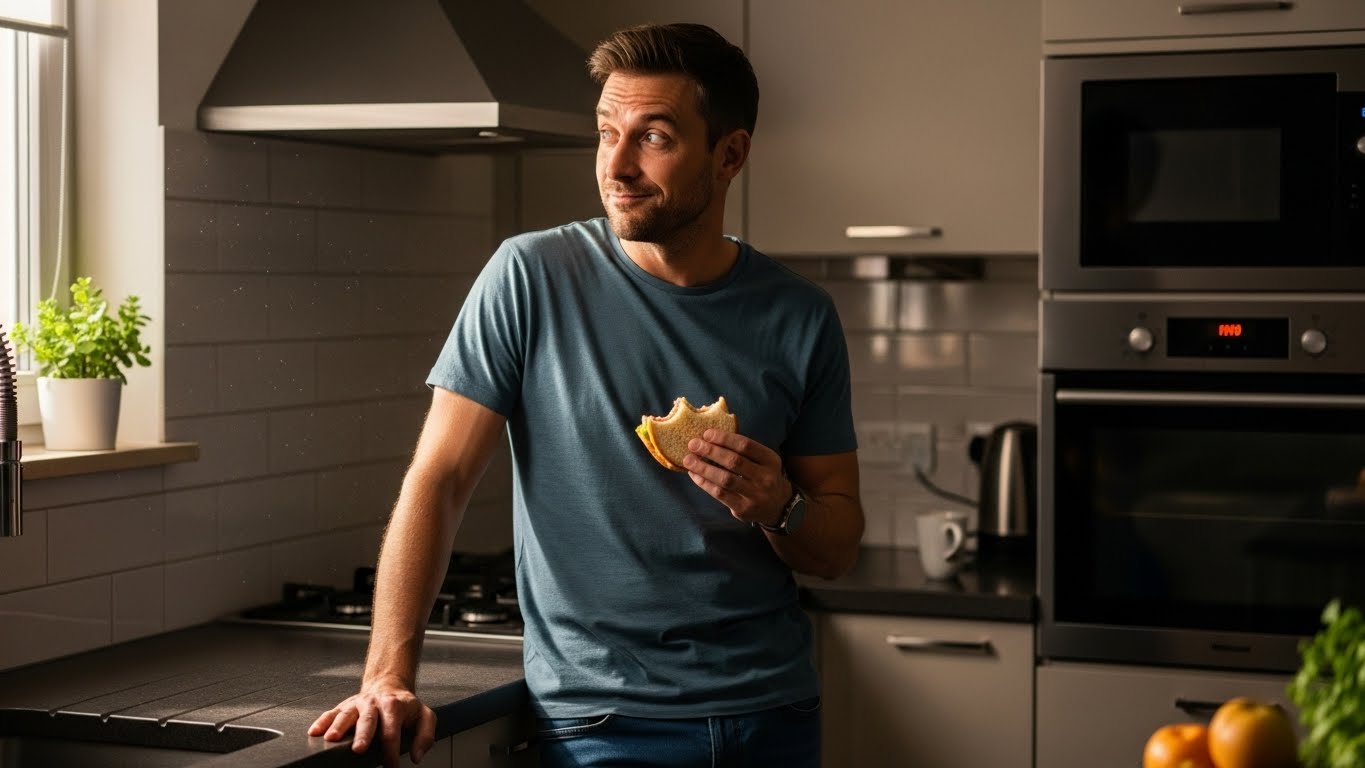 Человек разговаривает сам с собой на кухне с лёгкой иронией