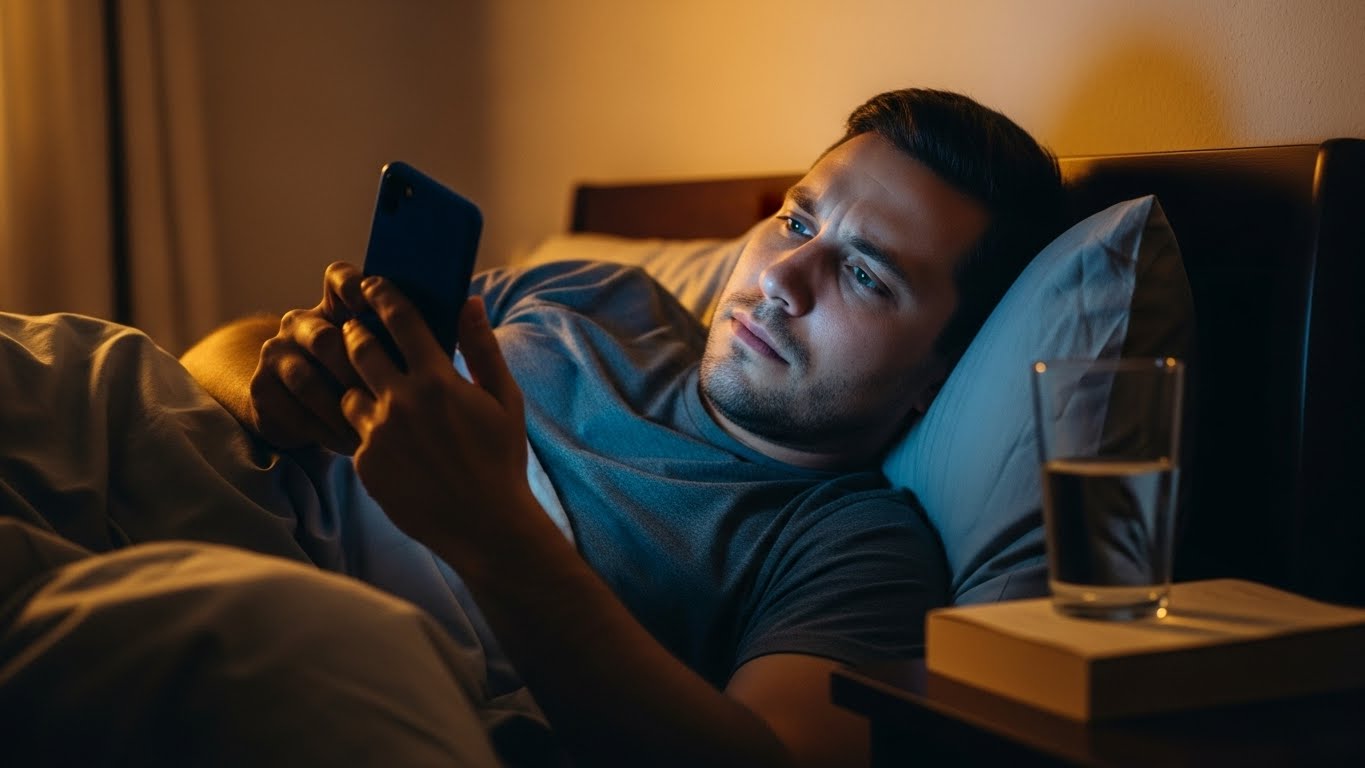 Мужчина лежит в кровати и проверяет телефон перед сном