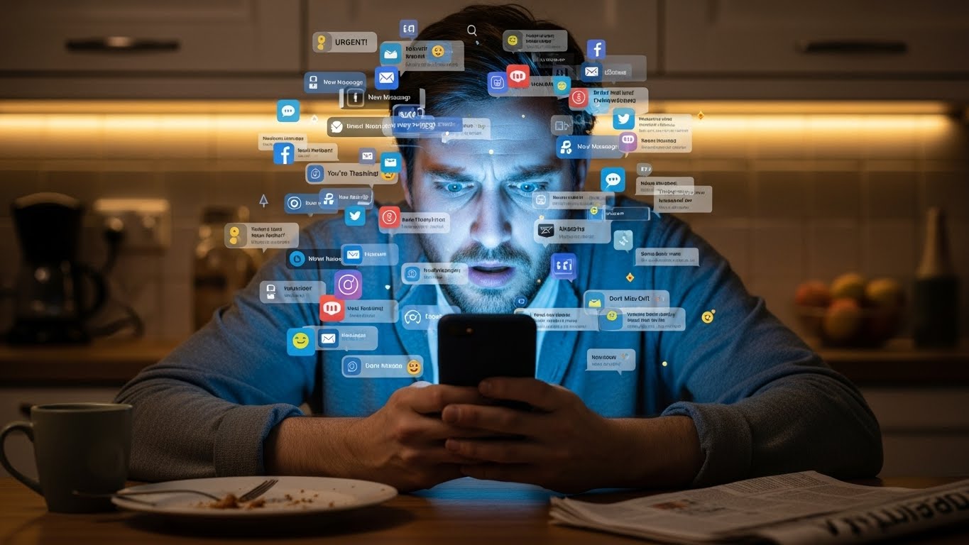 Мужчина смотрит на телефон, заваленный множеством всплывающих уведомлений