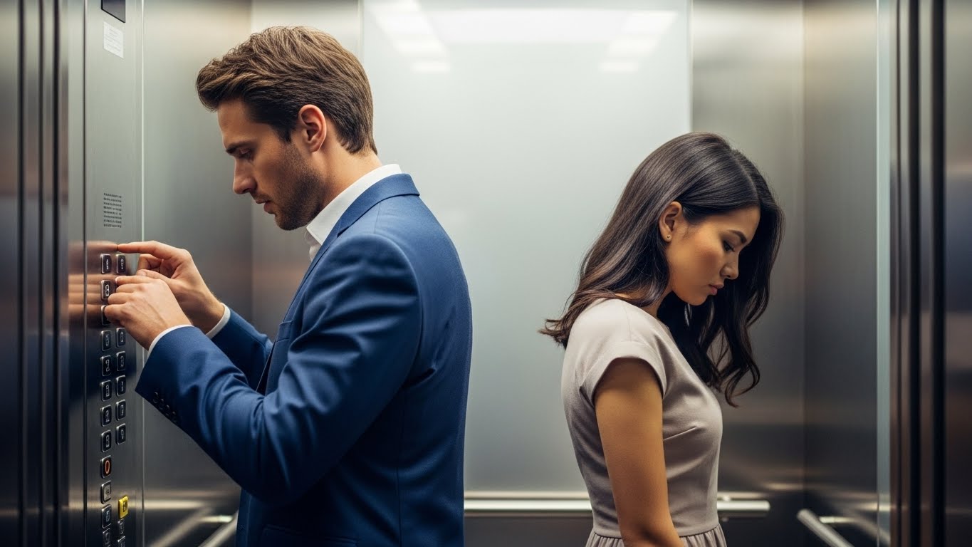 Двое людей в лифте смотрят в разные стороны, избегая зрительного контакта, в напряжённой и неловкой атмосфере