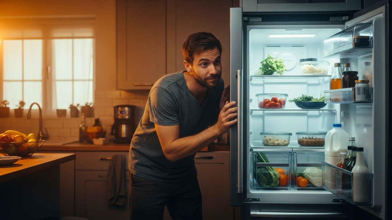 Человек открывает холодильник и наблюдает за содержимым с иронией